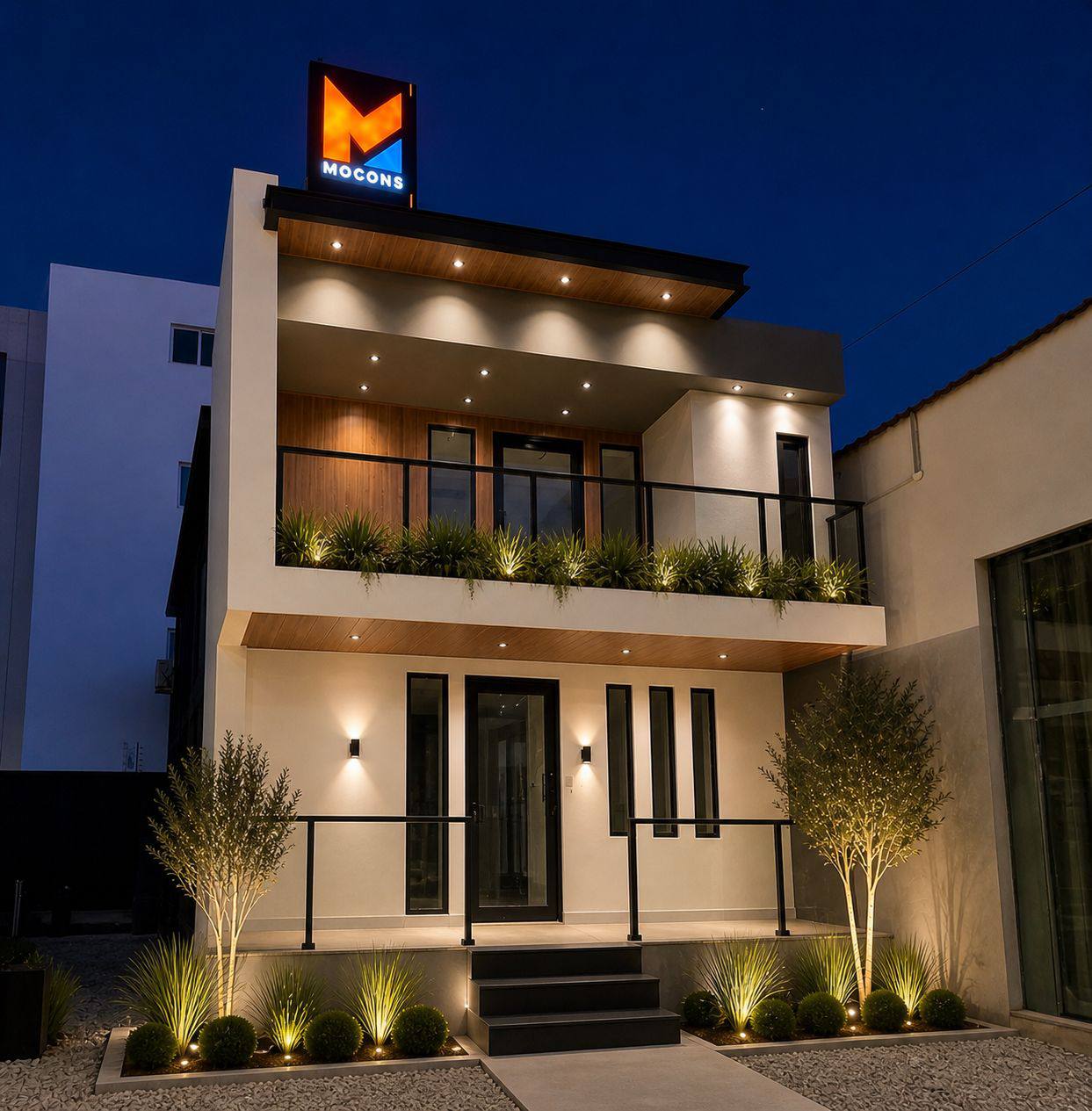 Casa modular Gran Rifa Casa · fachada frontal nocturna